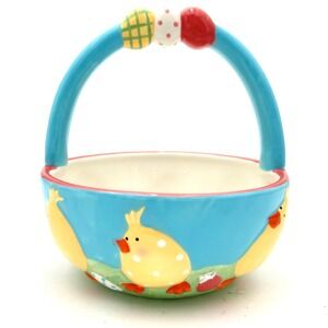 Blossoms & Blooms Easter Chick Basket Bowl Ceramic Spring Decor Eggs